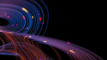 A graphic showing blue and red swirling lines curving and overlapping with red, yellow and purple nodes on a black background