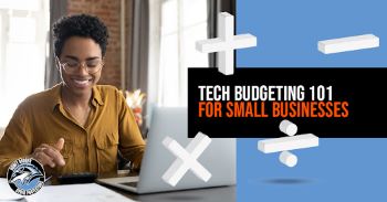 A smiling person is shown working on a laptop computer. In the foreground, mathematical symbols are floating, along with the words "Tech Budgeting 101 for Small Businesses".