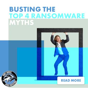 A woman appears to be struggling to get out of a box represented by a black square graphic. Text at the top reads "Busting the Top 4 Ransomware Myths."