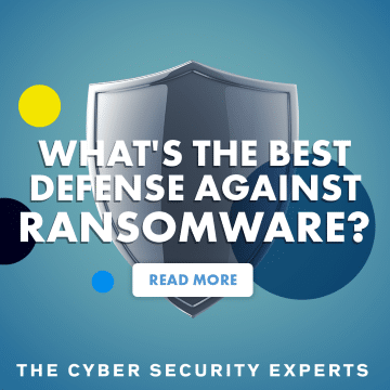 An illustration of a metal shield on a blue gradient background with white text reading "What's the Best Defense Against Ransomware?"