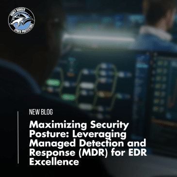 A photo showing a view over the shoulder of a person looking at monitors that are blurred out in the background. Text reads "Maximizing Security Posture: Leveraging Managed Detection and Response (MDR) for EDR Excellence."